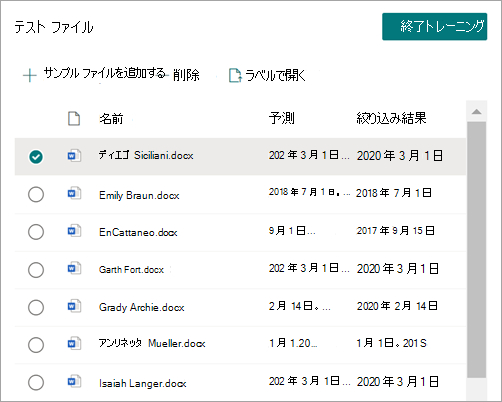 絞り込み結果列を示すテスト ファイルの一覧。