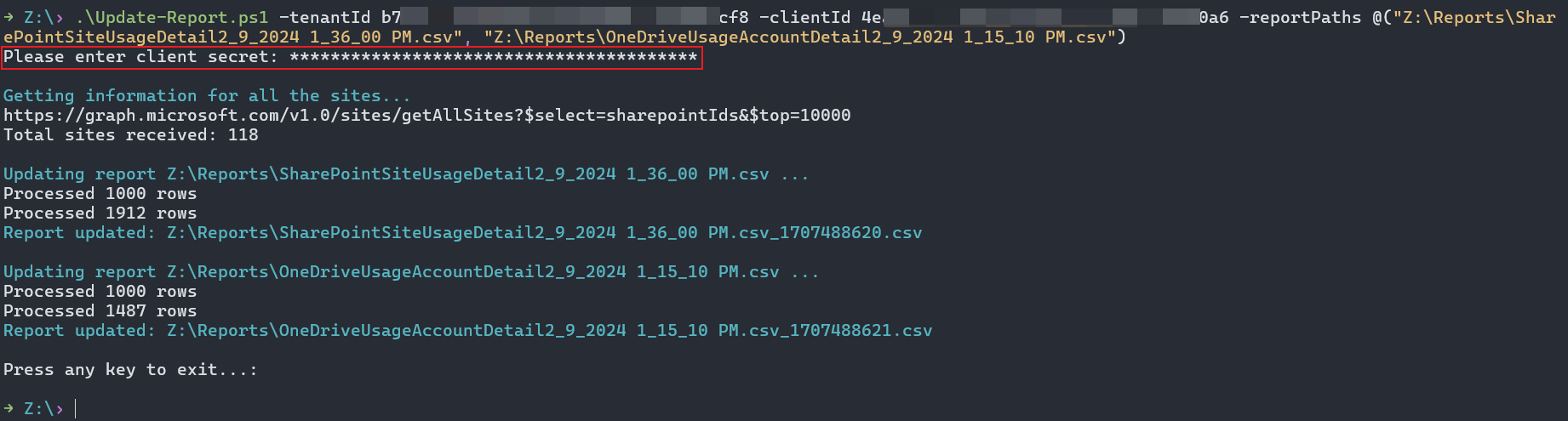 クライアント シークレットの PowerShell コマンドを示すスクリーンショット。