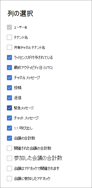 Teams ユーザー アクティビティ レポート - 列を選択します。