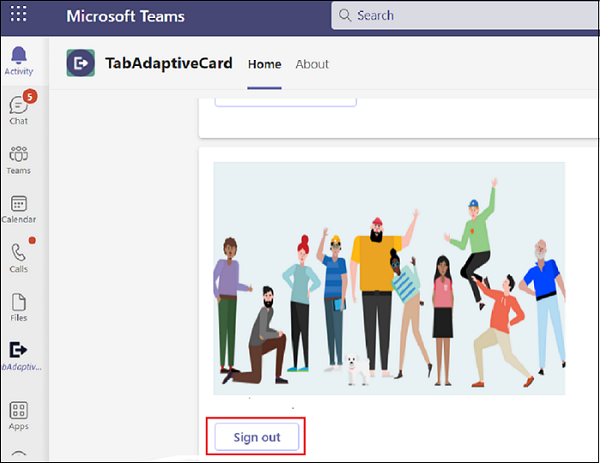 サインアウト オプションが赤で強調表示されている TabAdaptiveCard のスクリーンショット。