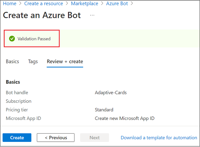 Azure ボットの検証に合格する方法を示すスクリーンショット。