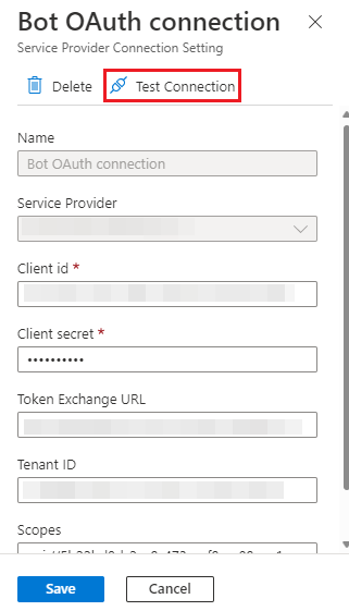 [ボット リソースの OAuth 接続のテスト] オプションを示すスクリーンショット。