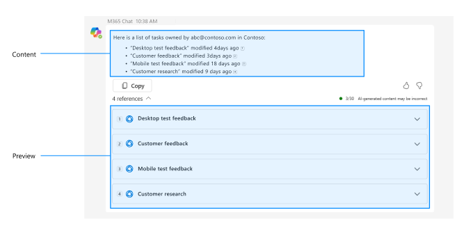 Microsoft 365 チャット アプリの応答にプレビューとコンテンツが同じ応答で含まれていることを示すサンプル アプリの例を示すスクリーンショット。 