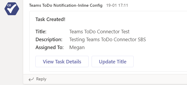 作成されたタスクの詳細を表示する Teams ToDo Notification-Inline Config のスクリーンショット。