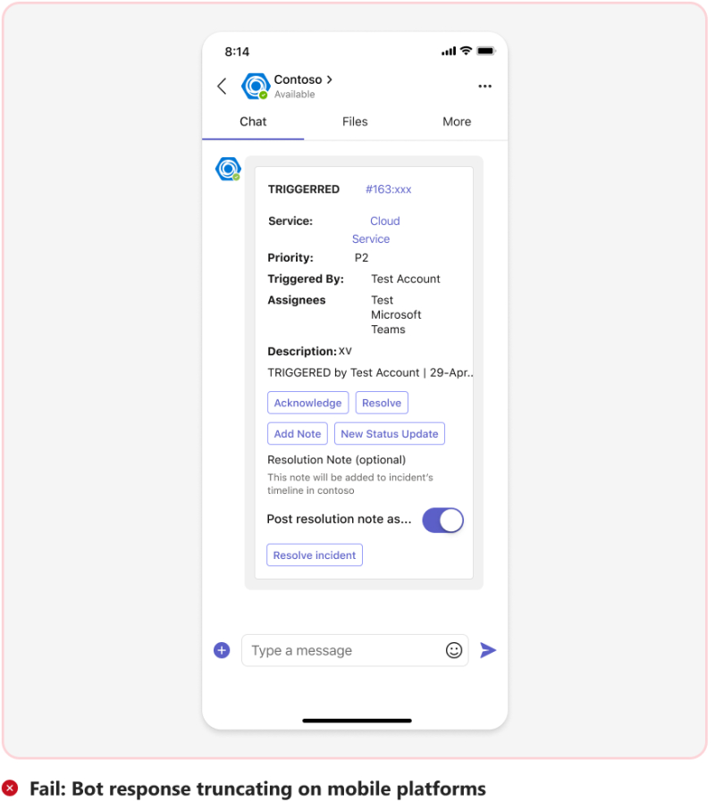 図は、モバイルでのボット メッセージの切り捨ての例を示しています。