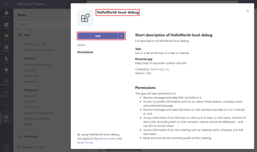 アプリを Teams に追加するスクリーンショット。