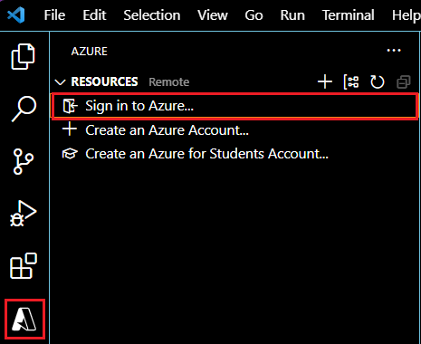 Azure 拡張機能で選択されている [Azure にサインイン] ボタン。