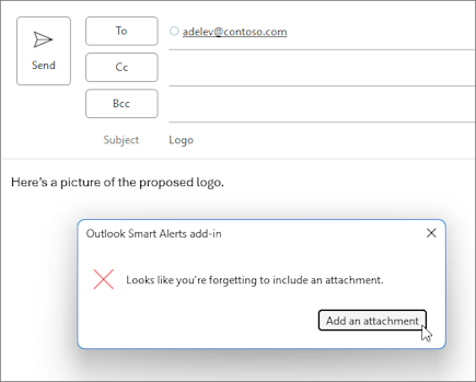 メッセージに添付ファイルを追加するようユーザーに要求するカスタマイズされた [送信しない] ボタンを含むダイアログ。