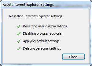 IE9 の [Internet Explorer の設定のリセット] ウィンドウの [閉じる] オプションのスクリーンショット。