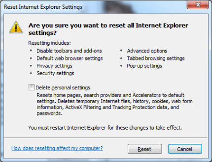 [Internet Explorer の設定のリセット] ウィンドウの [個人設定を削除する] オプションのスクリーンショット。