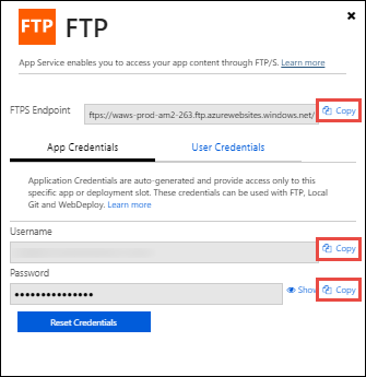 FTP ダッシュボードから接続文字列をコピーします。