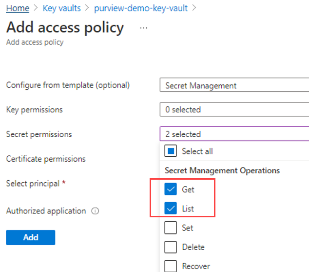 Microsoft Purview の RDS のアクセス ポリシーのスクリーンショット。