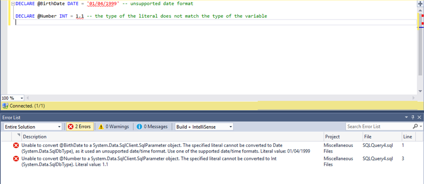Screenshot showing an example of two variable declarations that ultimately fail with the associated error messages.
