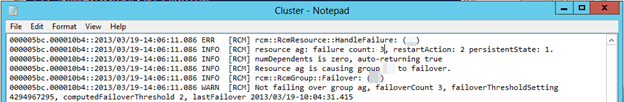 メモ帳の Cluster.log ファイルのスクリーンショット。
