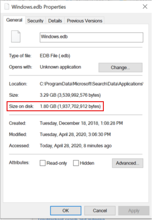 Windows.edb ファイルの [ディスク上のサイズ] プロパティのスクリーンショット。