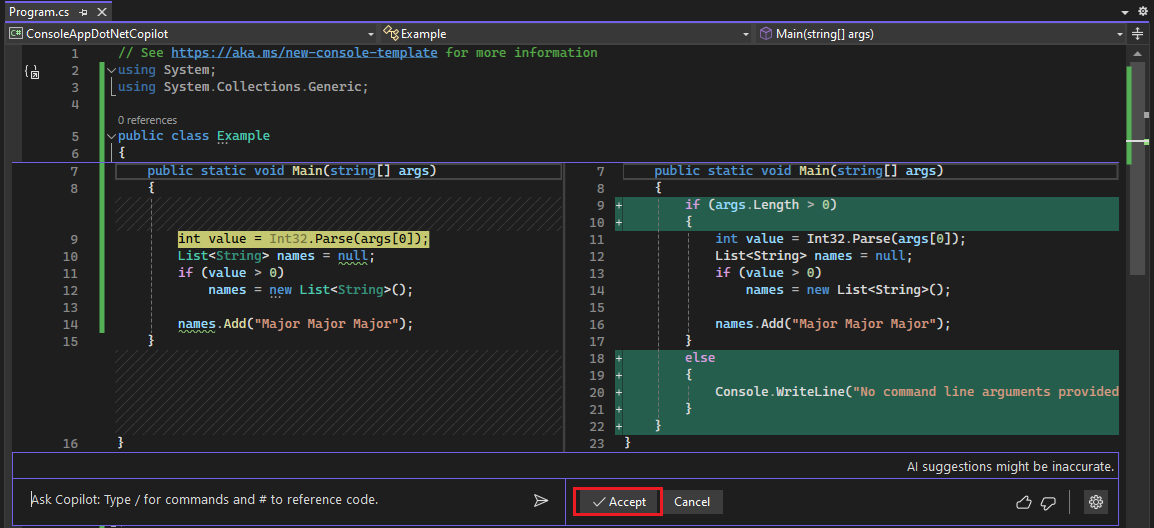 Visual Studio のコード プレビューのスクリーンショット。