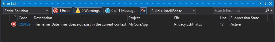 Visual Studio で DateTime を含むエラー一覧ツール バーが表示されているところを示すスクリーンショット。