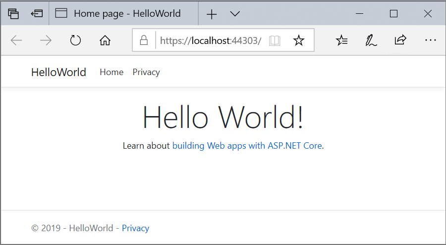 ブラウザー ウィンドウに、更新されたテキスト Hello World! を含む Web アプリの Home ページが表示されているスクリーンショット。