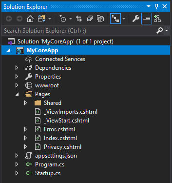 Visual Studio のソリューション エクスプローラーに Pages フォルダーの内容が表示されているスクリーンショット。