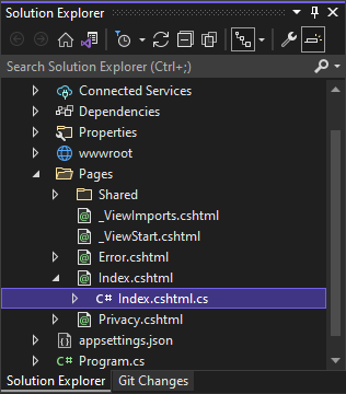 Visual Studio のソリューション エクスプローラーで、Index.cshtml ファイルが選択されているところを示すスクリーンショット。