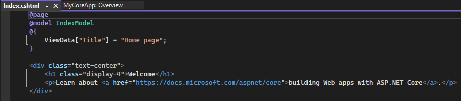 Visual Studio のコード エディターで、Index.cshtml ファイルが開かれているところを示すスクリーンショット。