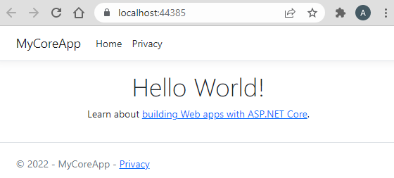 ブラウザー ウィンドウに、更新されたテキスト 'Hello World!' を含む Web アプリの Home ページが表示されているスクリーンショット。