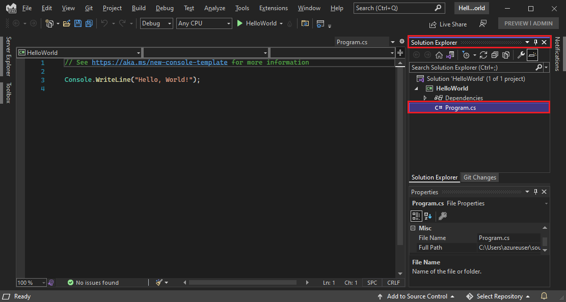 Screenshot that shows the Visual Studio IDE with the Program.cs code in the editor.