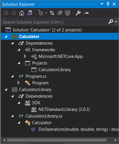 Visual Studio での 2 つのプロジェクトを含むソリューション エクスプローラーのスクリーンショット。