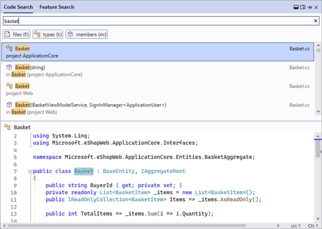 Visual Studio 2022 バージョン 17.6 以降でのオールインワン検索エクスペリエンスのスクリーンショット。