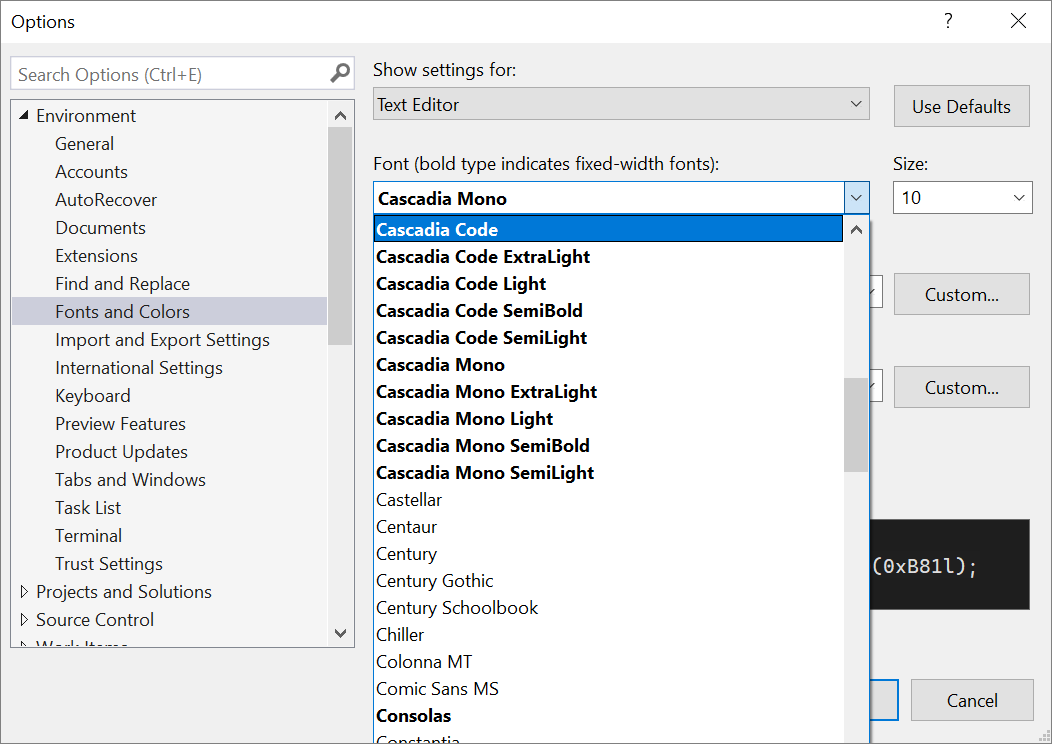 Screenshot of the Cascadia fonts available from the Options dialog box.