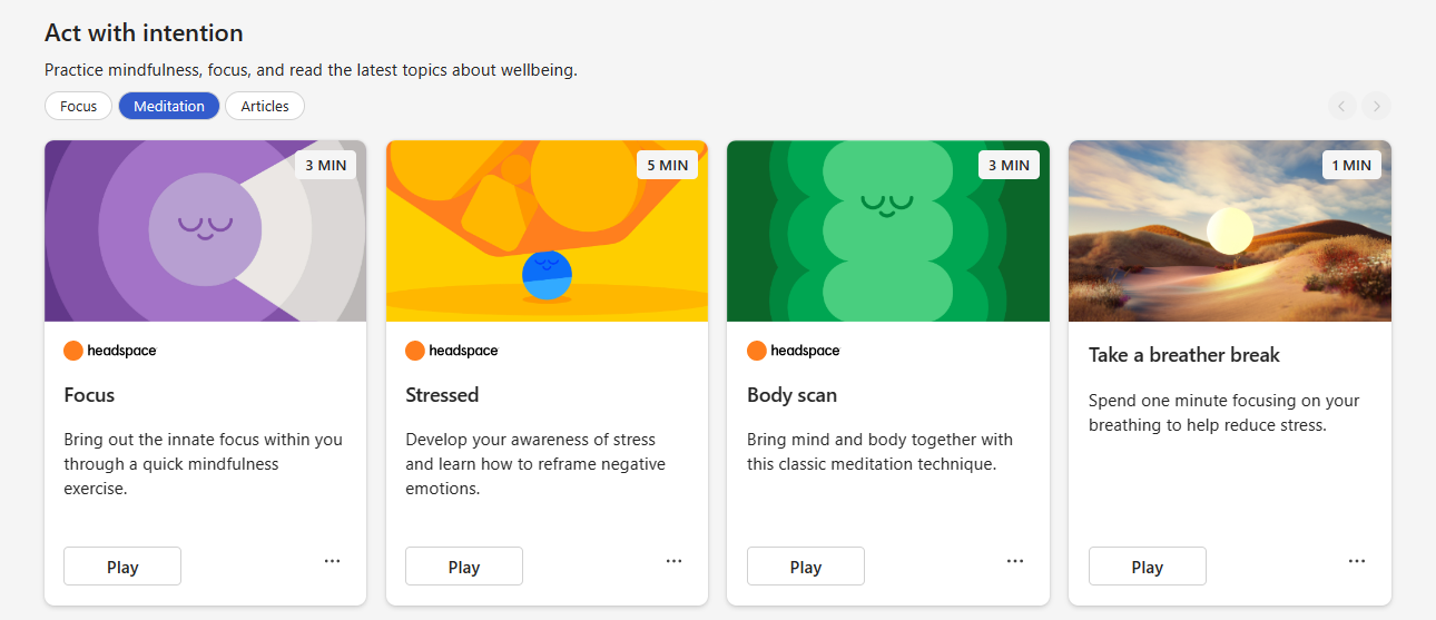 4 枚のガイド付き瞑想カードを含む、意図を持った行為であるガイド付き瞑想セクションを示すスクリーンショット。