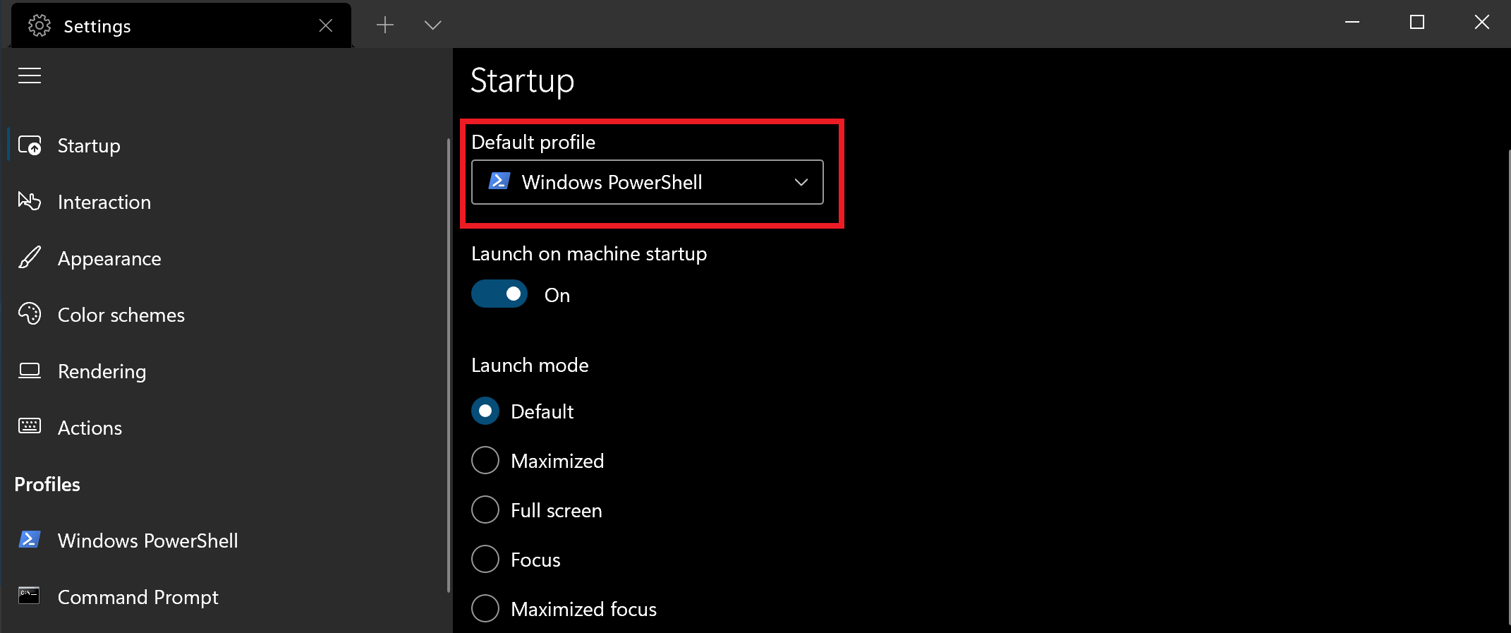 Screenshot of Windows Terminal Settings default profile
