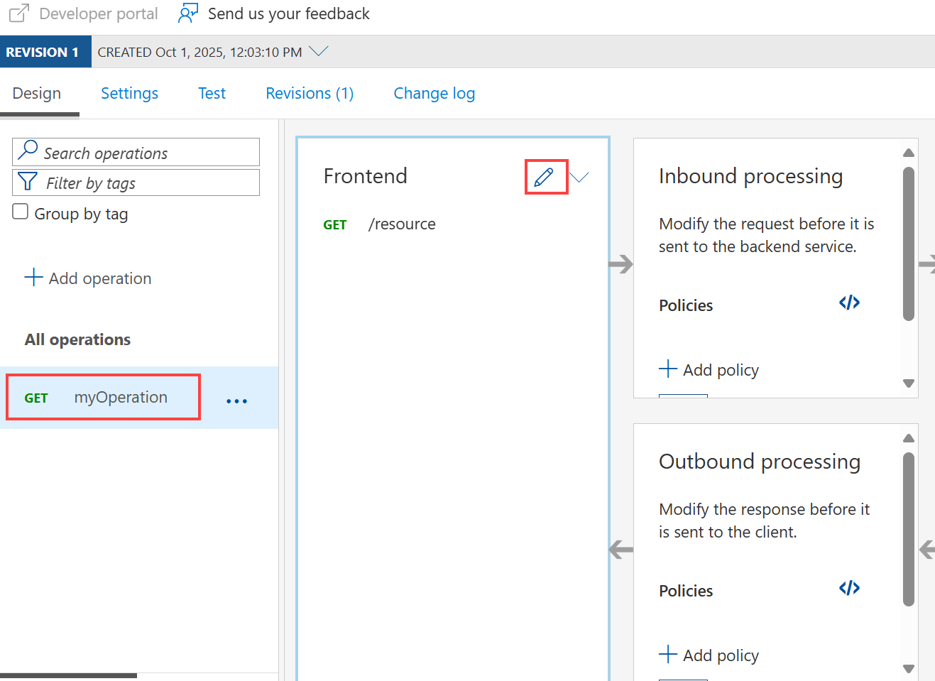 API Management で API を編集するプロセスを示すスクリーンショット。