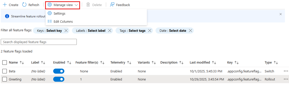 Azure プラットフォームのスクリーンショット。機能フラグ ビューを管理します。
