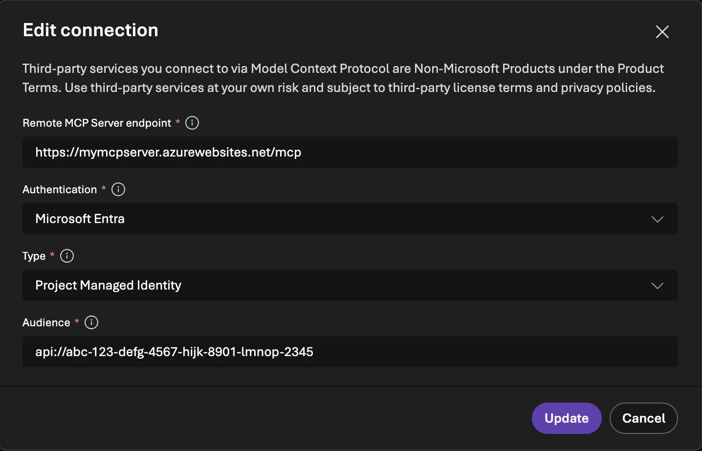 MCP サーバーに接続するための Foundry エージェントの構成を示す図。