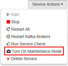 [Turn On Maintenance Mode (メンテナンス モードの有効化)] が強調表示されているサービス アクション。