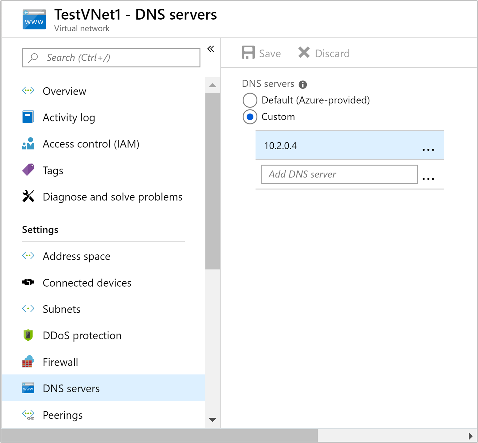 ネットワークのカスタム DNS サーバーを設定します。