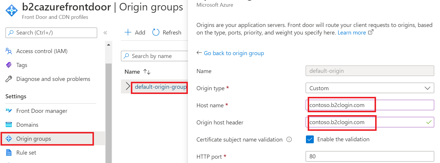 [ホスト名] と [配信元のホスト ヘッダー] テキスト ボックスが強調表示されている Azure portal の [配信元グループ] メニューのスクリーンショット。
