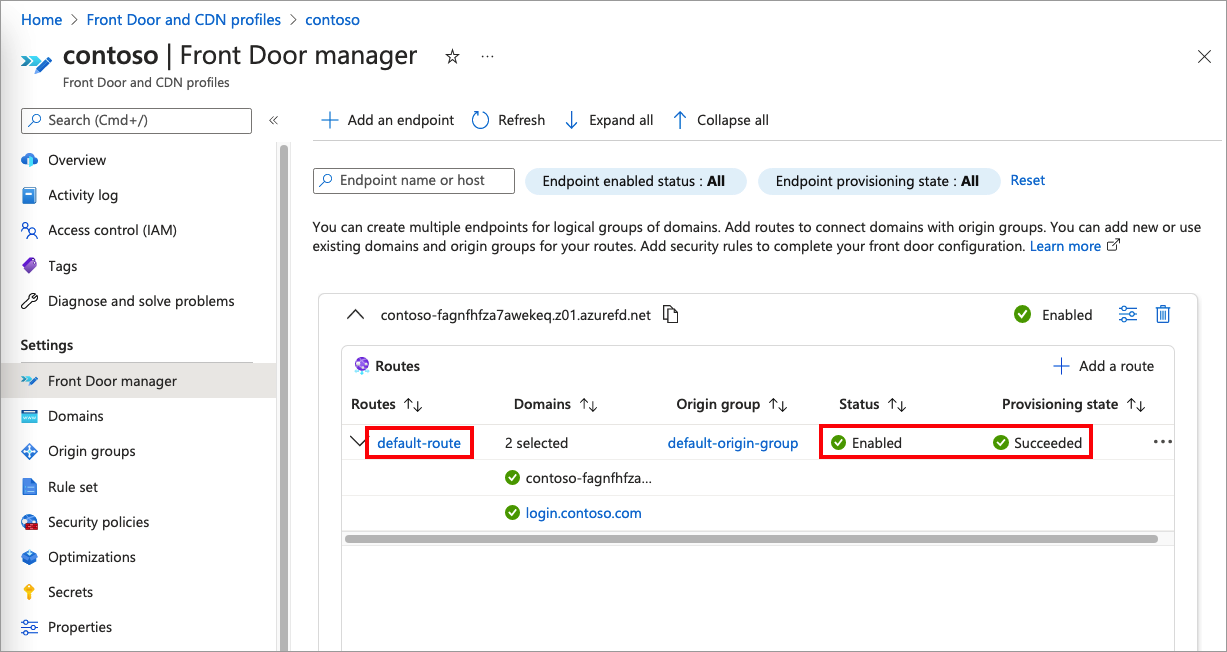 既定のルート、状態、プロビジョニングの状態項目が強調表示されている Azure portal の Front Door Manager ページのスクリーンショット。
