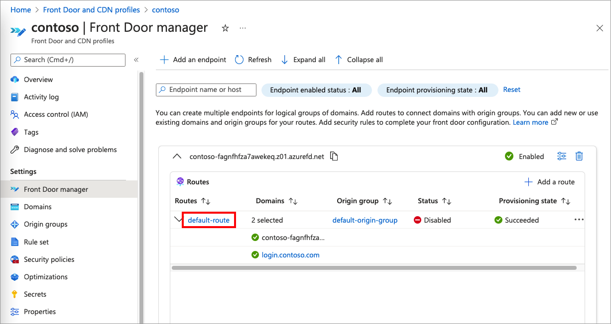 既定のルートが強調表示されている Azure portal の Front Door マネージャー ページのスクリーンショット。