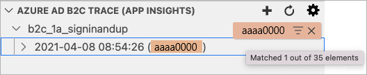 Azure AD B2C 拡張機能 Azure AD B2C トレース エクスプローラー フィルターのスクリーンショット。