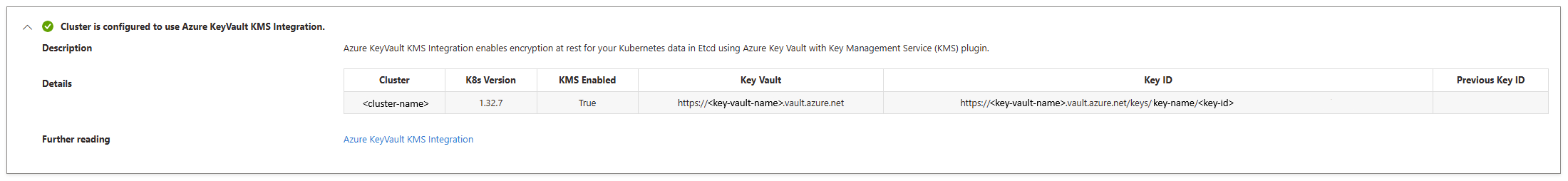 Azure portal の KMS 構成情報のスクリーンショット。