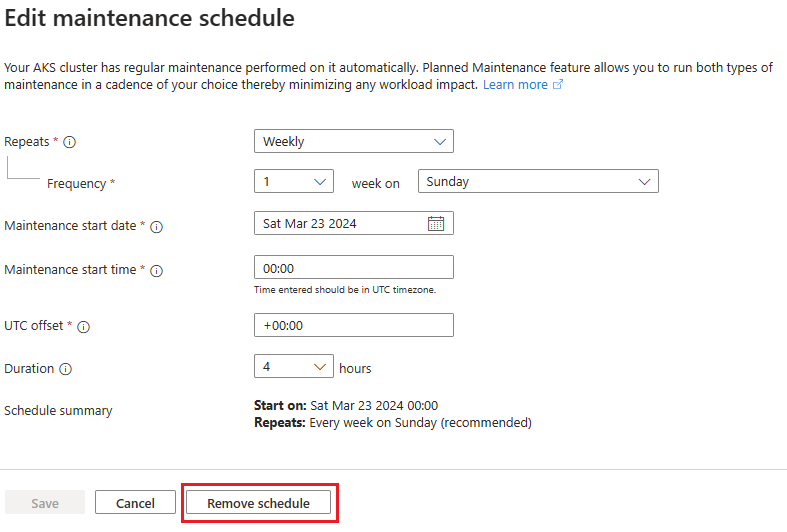 Azure portal の [スケジュールの削除] オプションが表示された [メンテナンス期間の編集] ページを示しているスクリーンショット。