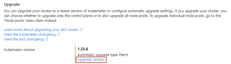 Azure portal の [バージョンのアップグレード] オプションのスクリーンショット。