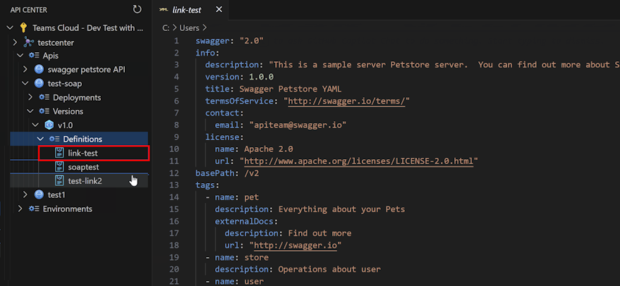 Visual Studio Code で API 仕様をエクスポートする機能のスクリーンショット。