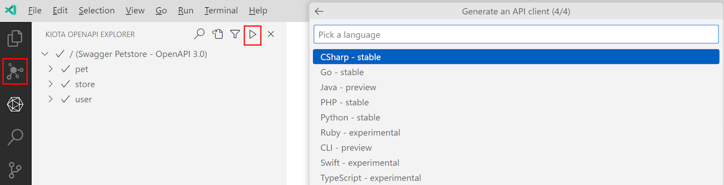 Visual Studio Code の Kiota OpenAPI Explorer のスクリーンショット。