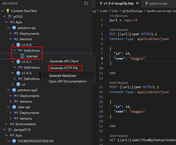 Visual Studio Code での .http ファイル生成のスクリーンショット。