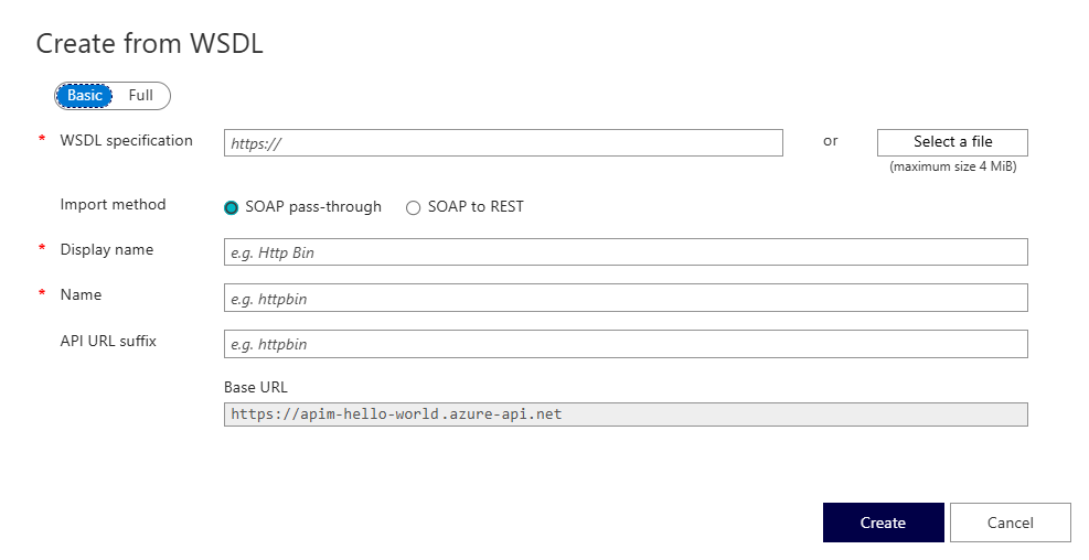 [CREATE from WSDL]\(WSDL から作成\) ページを示すスクリーンショット。