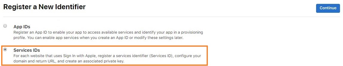 Apple Developer ポータルでの新しいサービス識別子の登録