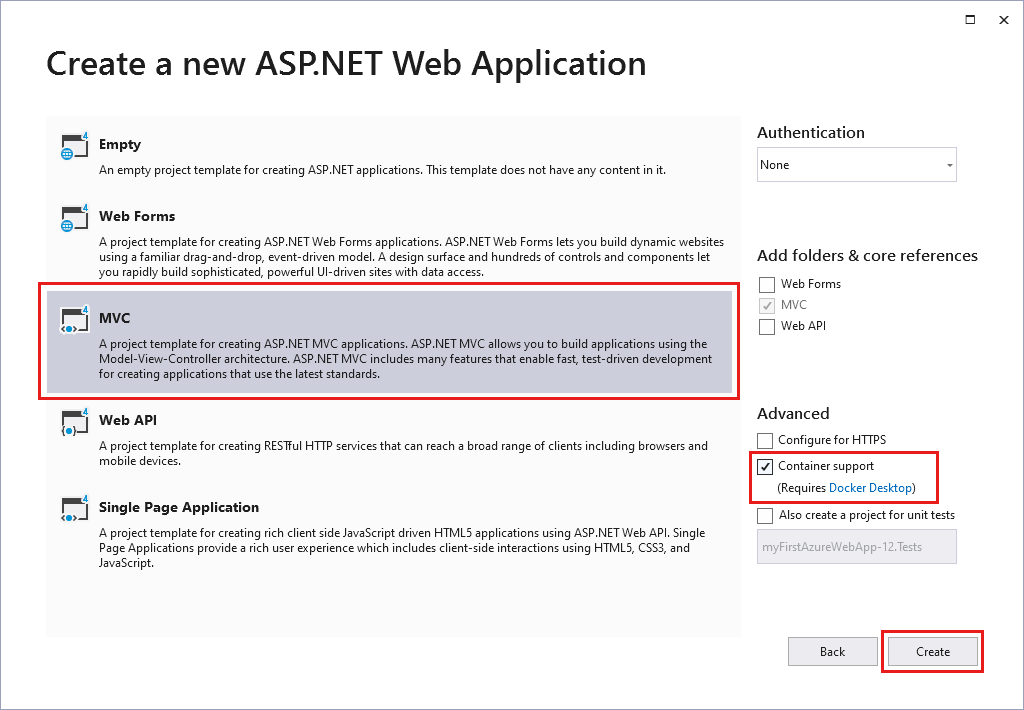 [ASP.NET Web アプリケーションの作成] ダイアログを示すスクリーンショット。